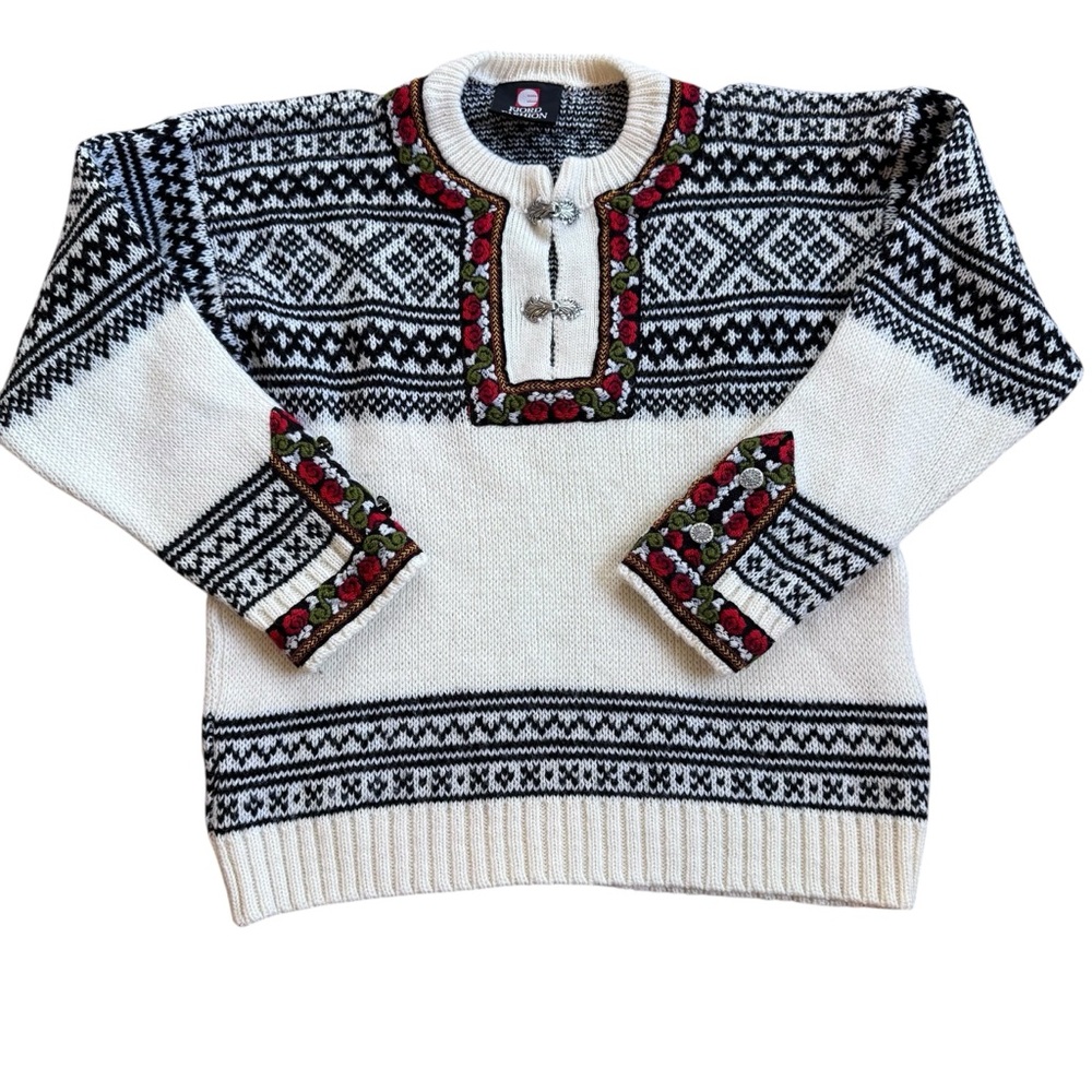 Vintage Fjord Fashion Men's Wool Nordic Sweater Sz 46 Metal Clasp Roses Pullover